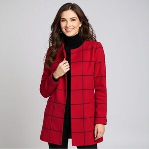 Talbots Pure Merino Wool Open Front Cardigan In Red/Black Windowpane